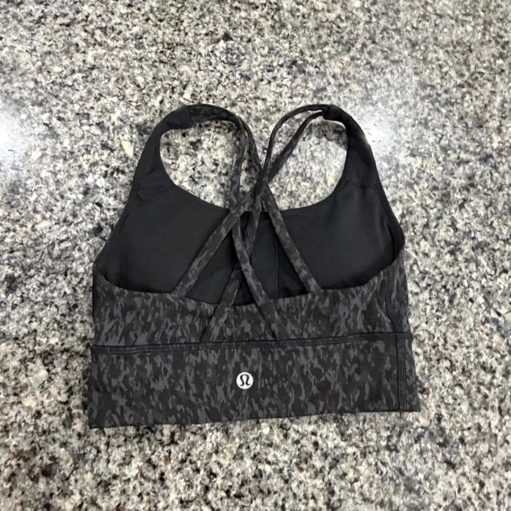 Lululemon Energy Bra Long Line Medium Support Grey Black Camo Print Size 2